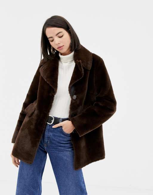 Warehouse faux fur coat in chocolate | ASOS