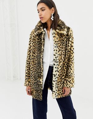 Warehouse faux fur coat in leopard print