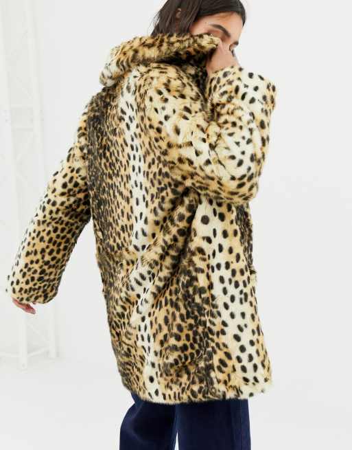 Warehouse faux fur coat in leopard print