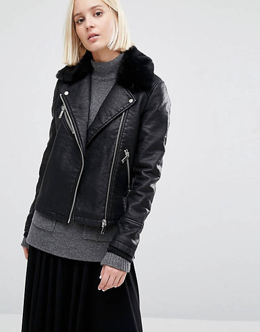 Warehouse Faux Fur Collar Leather Look Jacket | ASOS
