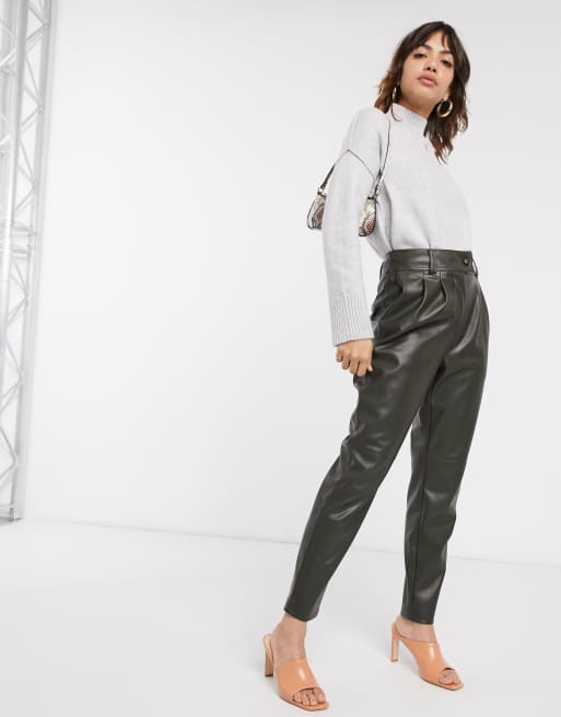 Warehouse faux leather trousers in khaki