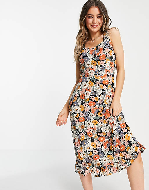 Warehouse floral frill sleeve midi dress in multi | ASOS