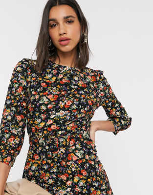 Warehouse floral print belted mini dress in black | ASOS