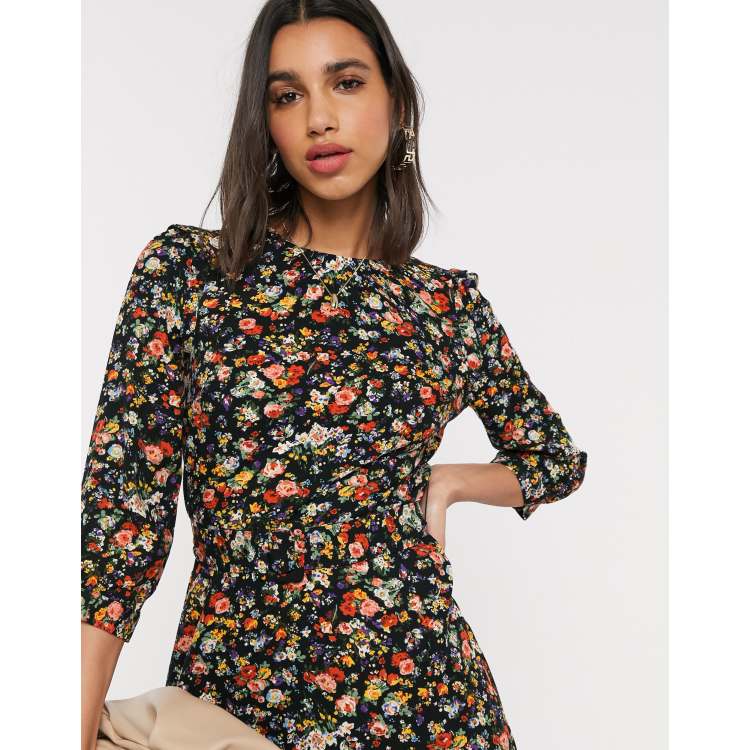 Warehouse floral print belted mini dress in black
