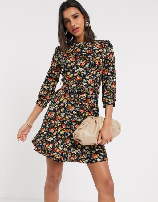 Warehouse floral print belted mini dress in black