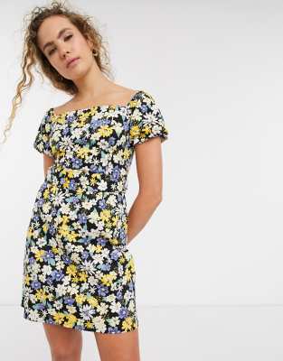 Warehouse floral print cotton bardot mini dress in black | ASOS