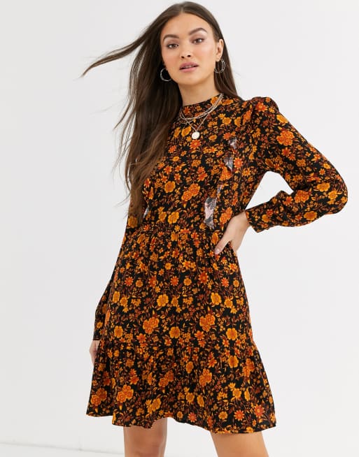 Black orange shop floral dress