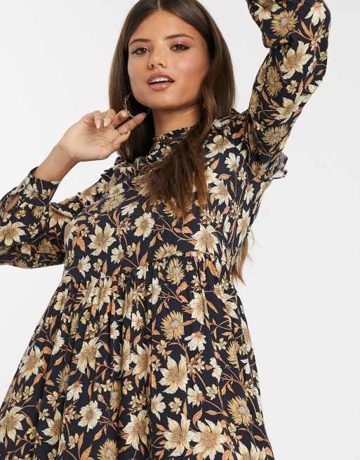 Warehouse floral print mini dress in natural | ASOS