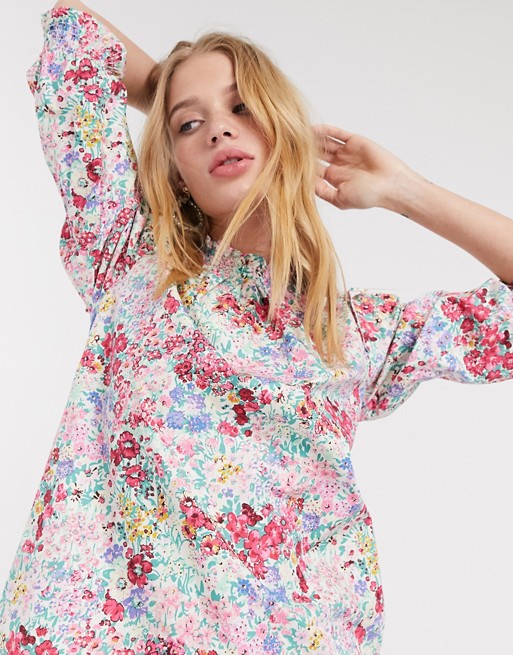 Warehouse floral print ruffle puff sleeve top in multi