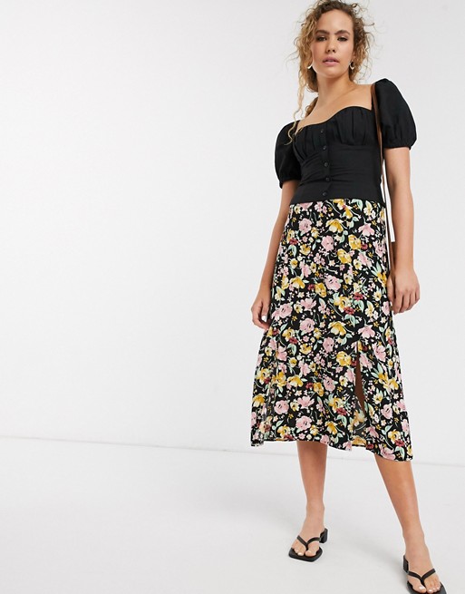 Warehouse floral print split midi skirt in black