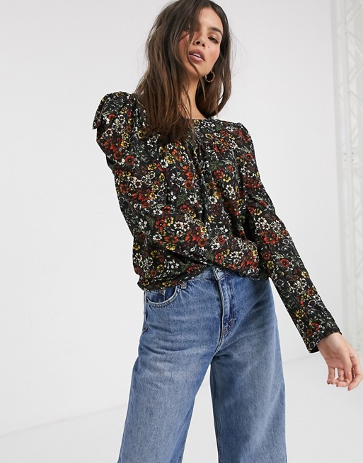 Warehouse floral print tiered blouse in black
