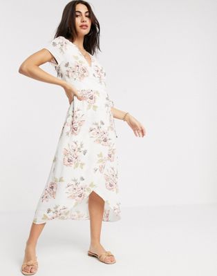 Warehouse floral wrap midi dress in 