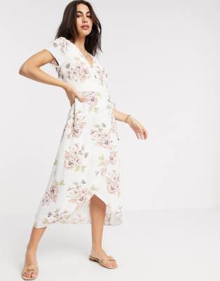 warehouse honey floral wrap dress