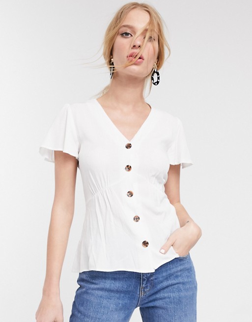 Warehouse flute sleeve button front top in white