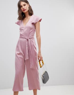 Warehouse frill sleeve twist back jumpsuit in pink | ASOS