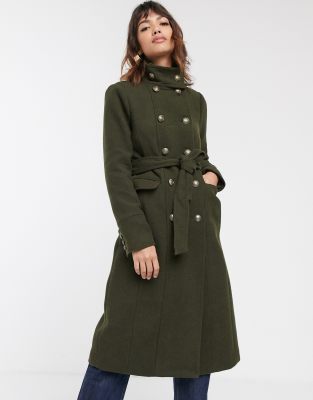 Warehouse funnel neck military tailored coat in khaki | ASOS