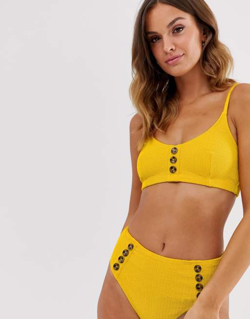 Warehouse – Gelber Crinkle-Bikini mit Zierknöpfen, 2 von 3