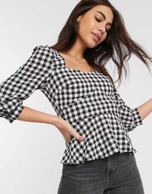 Warehouse gingham check square neck top in black | ASOS