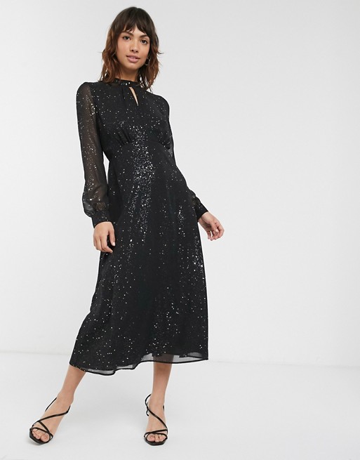 Warehouse glitter foil midi dress in black | ASOS