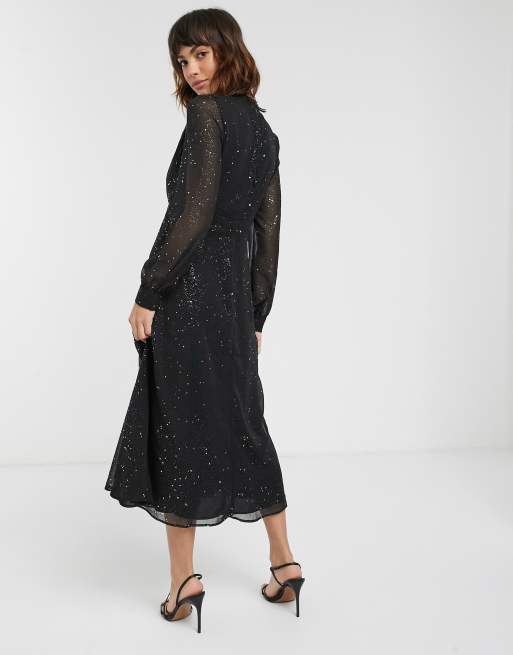 Warehouse glitter foil midi dress in black