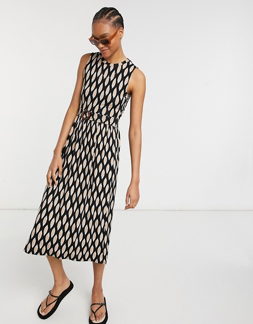 Warehouse graphic print belted o-ring dress in black