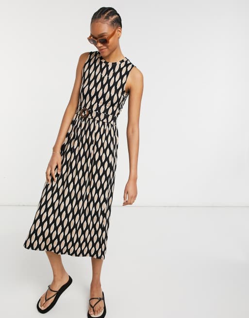 Warehouse Graphic Print Belted O Ring Dress In Black Asos