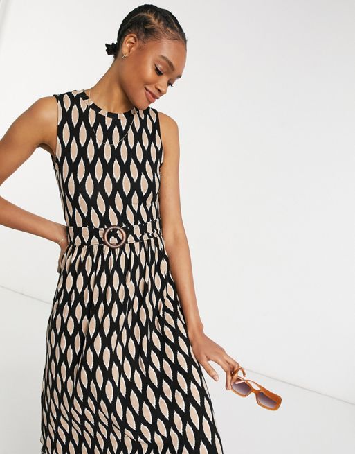 Warehouse Graphic Print Belted O Ring Dress In Black Asos