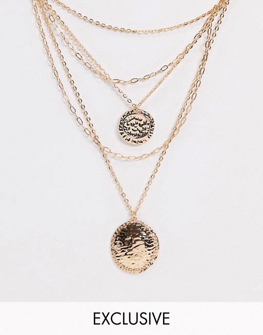 Warehouse hammered metal disc mulitrow necklaces in gold