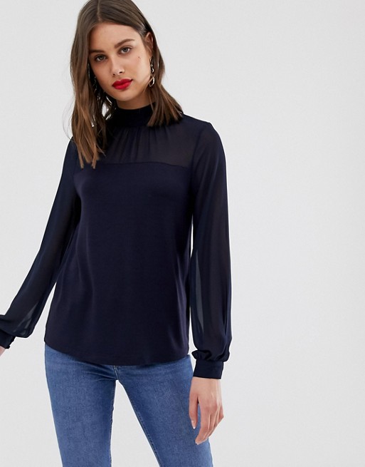 Warehouse high neck blouse with sheer panel