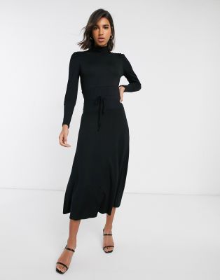 high neck black tie dress