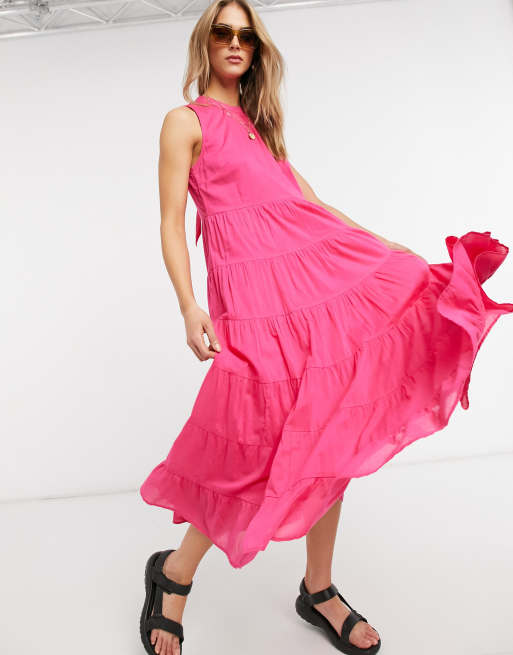 Warehouse high neck tiered maxi dress in pink