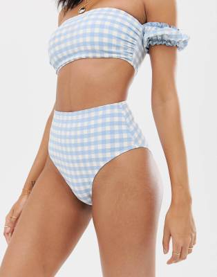 Warehouse high waisted bikini bottoms in gingham-blues