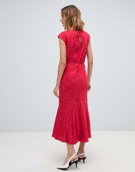 Warehouse jacquard midi sale dress in blush red