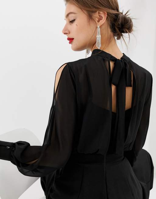 Warehouse jumpsuit with split sleeves in black