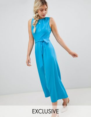 Warehouse jumpsuit with tie waist in blue-Blues