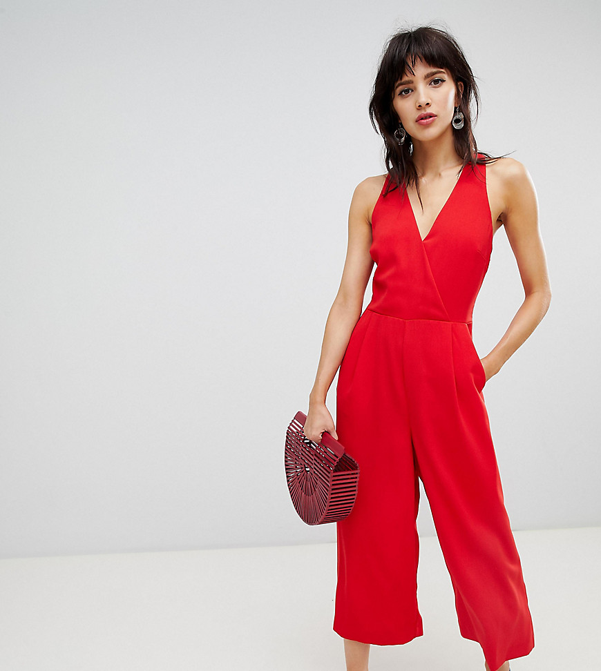 Warehouse jumpsuit with v neck in red