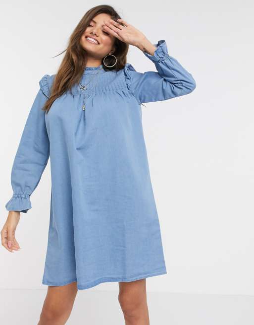 Warehouse - Jurk met plooitjes in denimblauw