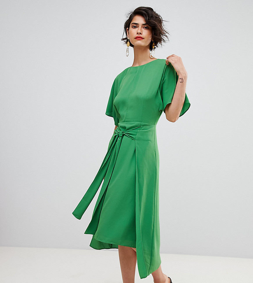 Warehouse Kimono Sleeve Knot Front Midi Dress-Green