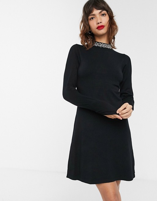 Warehouse knit dress with embellished neck in black