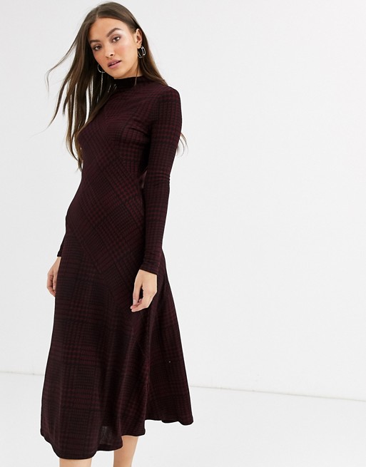 Warehouse knitted midi dress with high neck in berry