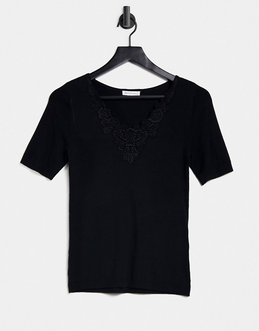 Warehouse lace neckline t-shirt in black