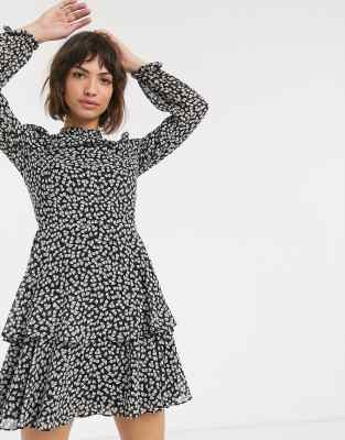 Warehouse leaf print long sleeved dress in black | ASOS