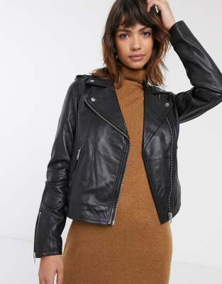 Warehouse leather biker jacket in black | ASOS