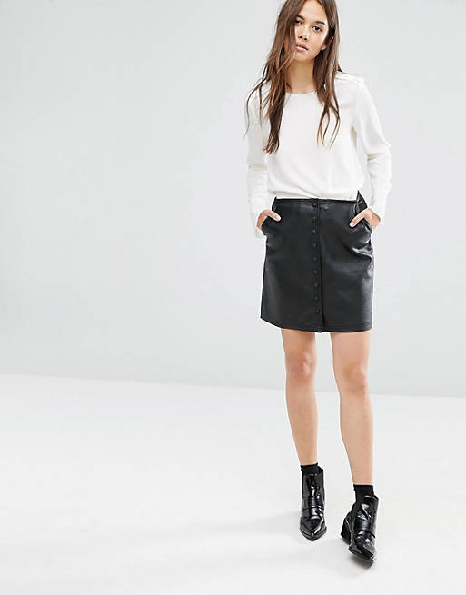 Warehouse Leather Look Button Skirt
