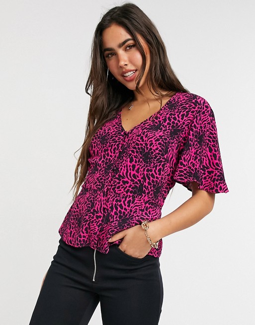Warehouse button front top in pink leopard print
