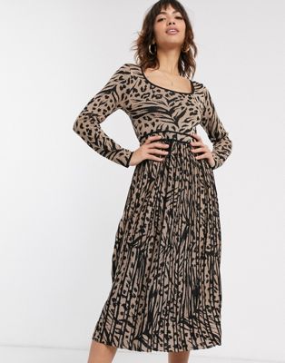 leopard print pleated midi dress