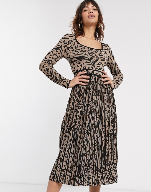 Warehouse leopard print pleated midi dress with metallic threads in gold