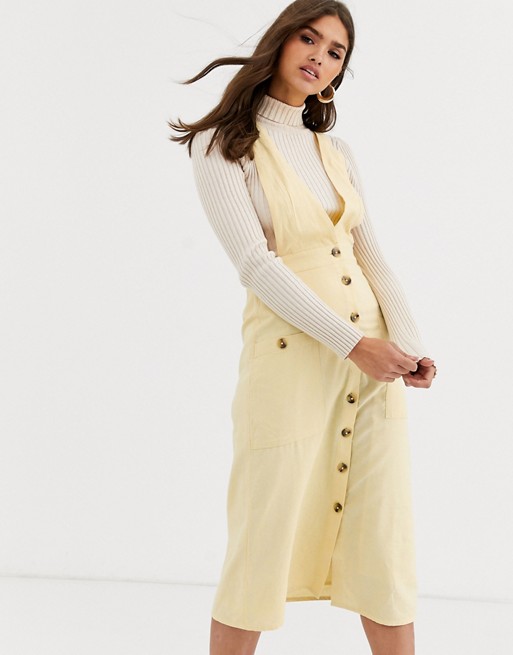 Warehouse linen button front pinafore midi dress in lemon