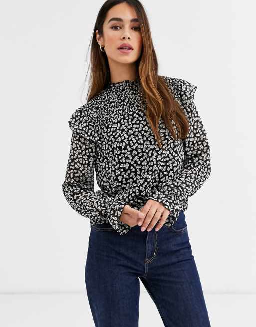 Warehouse little leaf high neck ruffle smock blouse in floral print | ASOS