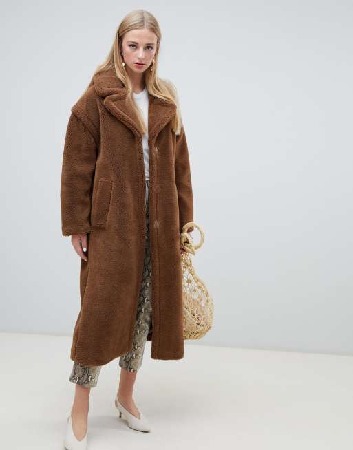 Warehouse longline faux fur coat in tobacco